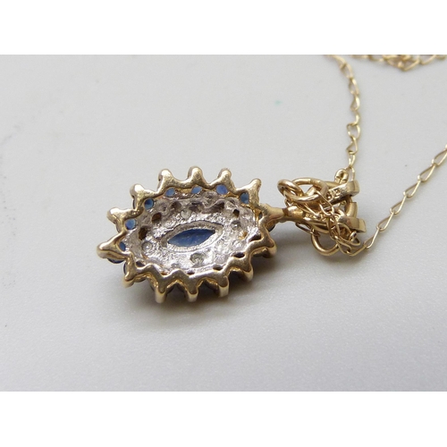 933 - A 9ct gold, sapphire and diamond pendant an a fine 9ct gold chain, 1.4g