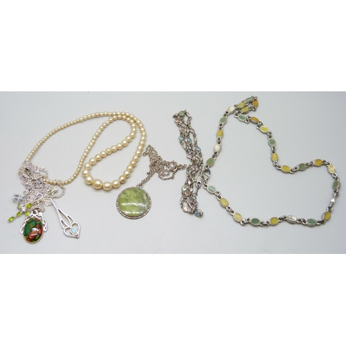 936 - Three silver pendants and chains, one other pendant and chain, two necklets and a faux pearl necklac... 