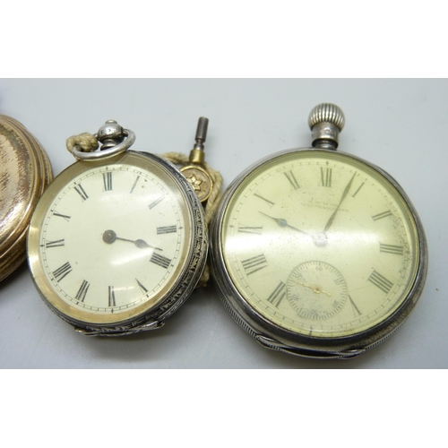 939 - A silver fob watch with key, Birmingham 1885, lacking minute hand, a Waltham Traveler silver cased p... 