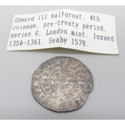 954 - COINS; Edward III half silver groat, 4th coinage, pre-treaty period, Series G, London mint (1356-136... 