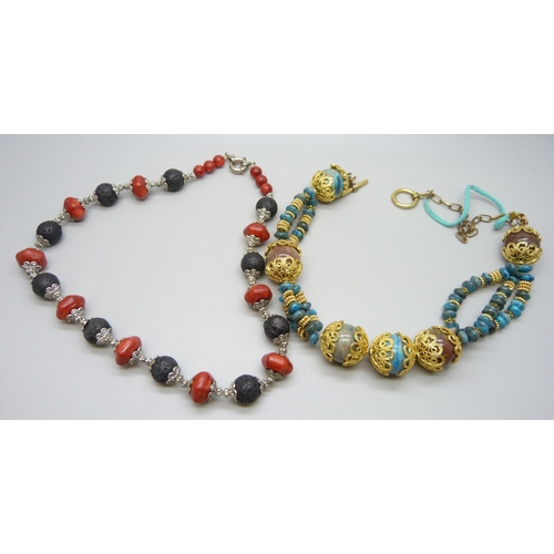 962 - A lava stone and coral necklace and a turquoise and hardstone necklace