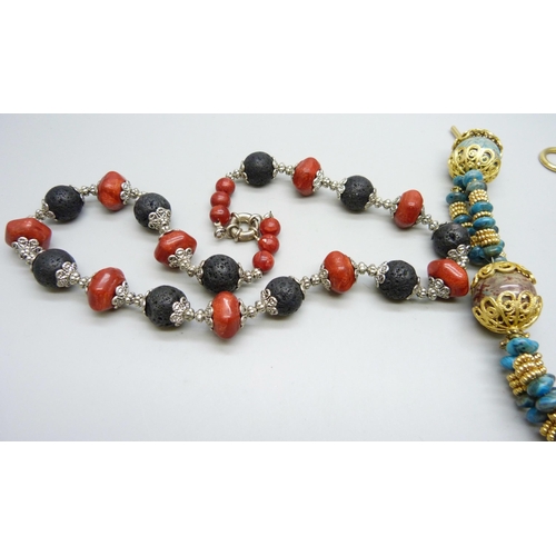 962 - A lava stone and coral necklace and a turquoise and hardstone necklace