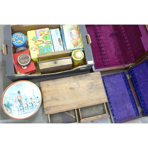 983 - A collection of advertising tins, two empty cutlery boxes and a pine two drawer box **PLEASE NOTE TH... 