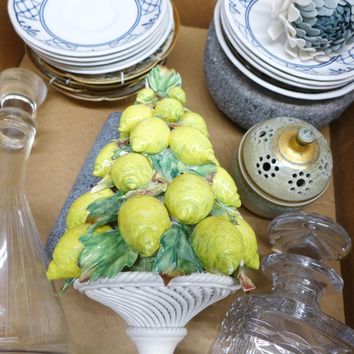 999 - Johnson Bros. dinnerwares, a lemon tree table centrepiece, heavy crystal decanter, a pair of candles... 