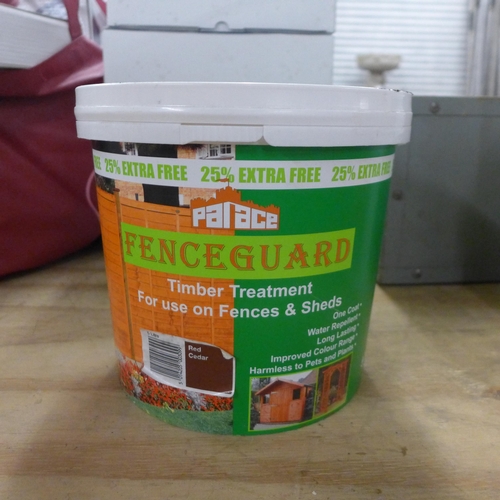 5250 - 2 x 5 litre pots of chestnut brown Palace Fenceguard Timber Treatment and a 5 litre pot of red cedar... 