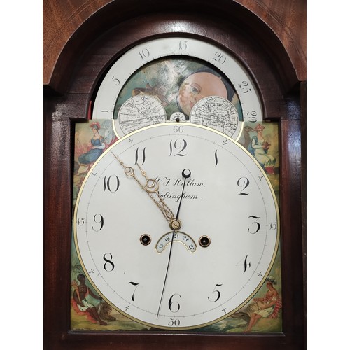 124 - A 19th century flame mahogany 8-day longcase clock, the hand painted moon phase rolling dial signed ... 