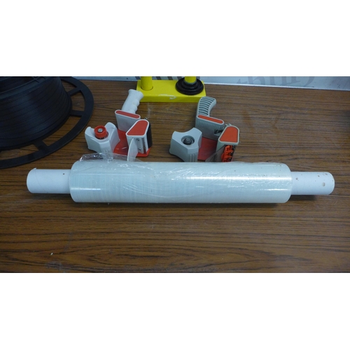 5217 - A pallet wrapping tool and banding system including a roll of plastic banding, banding clips, crimpi... 