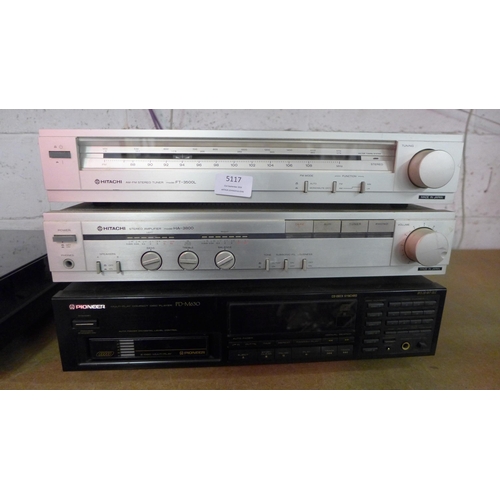 5117 - A quantity of stereo equipment including a Hitachi model FT-3500L AM-FM stereo tuner, a Hitachi mode... 