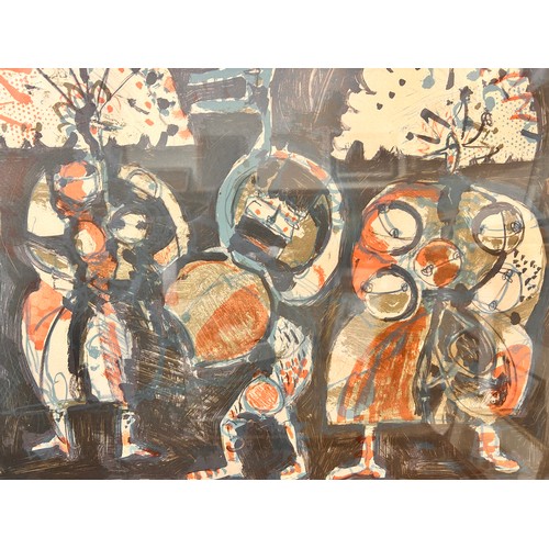 330 - An abstract print, indistinctly signed, dated 1966, framed