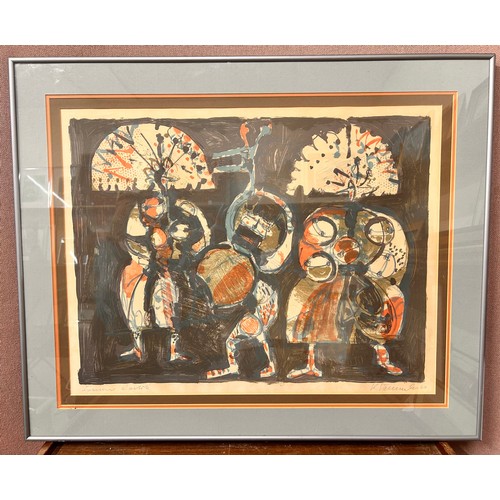 330 - An abstract print, indistinctly signed, dated 1966, framed