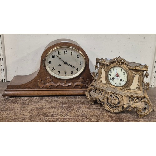 355 - An early 20th Century large oak mantel clock and a French gilt mantel clock, a/f