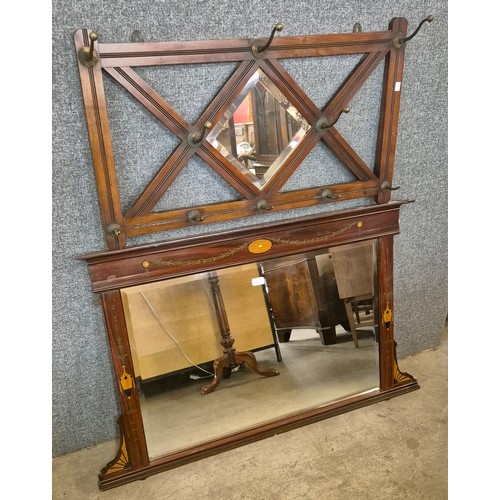 359 - An Edward VII inlaid mahogany overmantel mirror and a carved mahogany hall mirror