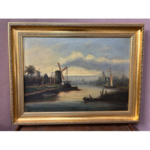 327 - Dutch School, canal scene, oil on canvas, framed