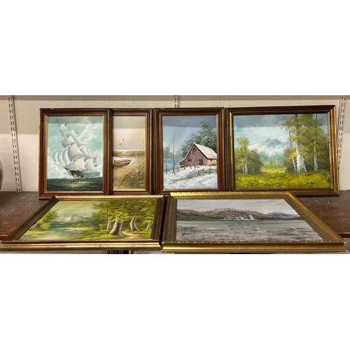 341 - Six assorted oil paintings, landscapes and a John Constable print, framed