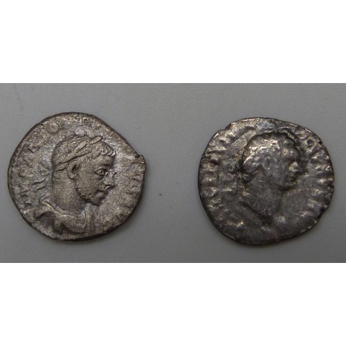 946 - COINS; two silver Denarius, Elagabalus 218-222 teenage emperor, Domitian 81-96 (with Romulus and Rem... 