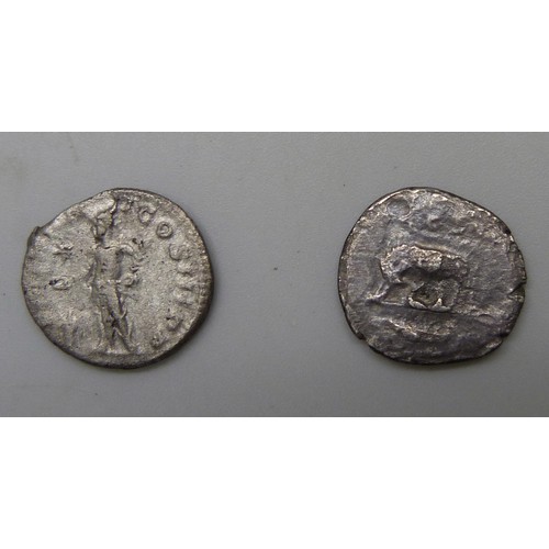 946 - COINS; two silver Denarius, Elagabalus 218-222 teenage emperor, Domitian 81-96 (with Romulus and Rem... 