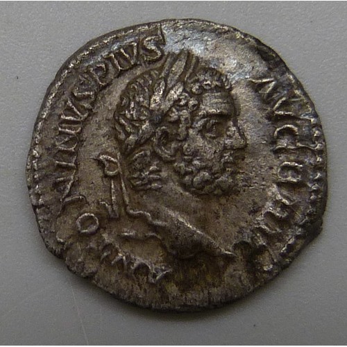 947 - COINS; a Caracalla silver Denarius (198-217AD), Laureate bust Antoninvs PIVS AVG, reverse XIIICOSIII... 