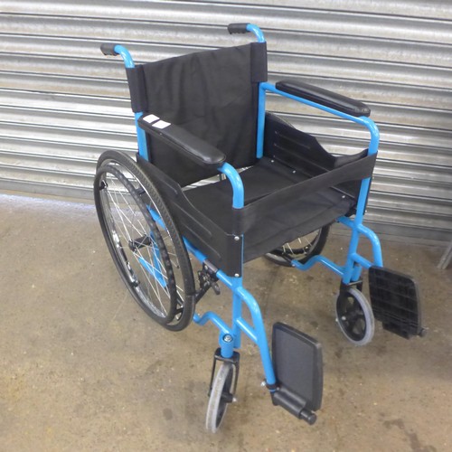 5148B - A  large wheeled self propelled wheelchair with footrests - black and blue frame