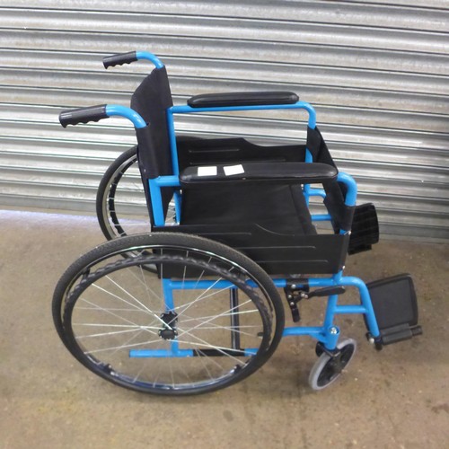 5148B - A  large wheeled self propelled wheelchair with footrests - black and blue frame