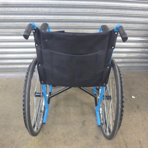 5148B - A  large wheeled self propelled wheelchair with footrests - black and blue frame