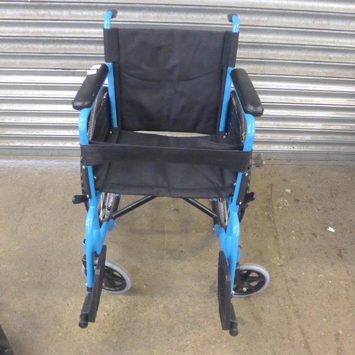 5148B - A  large wheeled self propelled wheelchair with footrests - black and blue frame