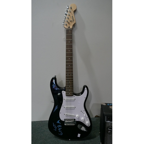 6198A - Squier Electric Guitar+Amp - This lot requires a UK adapter (334-450) *This lot is subject to Vat