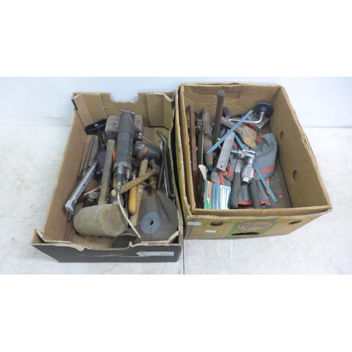 5017 - 2 boxes of assorted hand tools containing mainly wood and metal working tools including saws, hammer... 