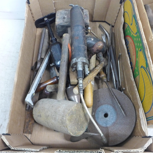 5017 - 2 boxes of assorted hand tools containing mainly wood and metal working tools including saws, hammer... 