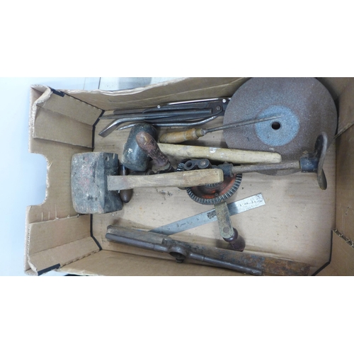 5017 - 2 boxes of assorted hand tools containing mainly wood and metal working tools including saws, hammer... 