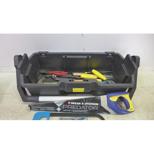 5025 - A two level Stanley tool box with an assortment of tools including, stanley screw drivers, stanley k... 