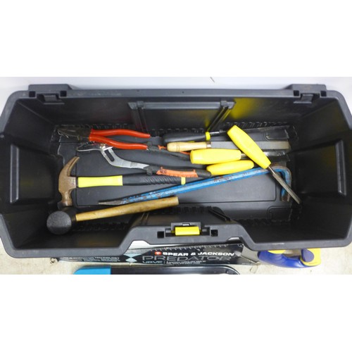 5025 - A two level Stanley tool box with an assortment of tools including, stanley screw drivers, stanley k... 