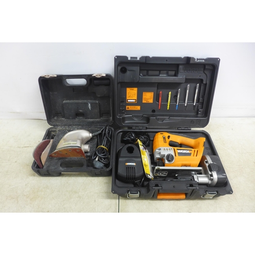 5015 - A Worx 18v cordless jigsaw (WX18JS) in case with battery and charger and a Power Base Excel 240v cor... 