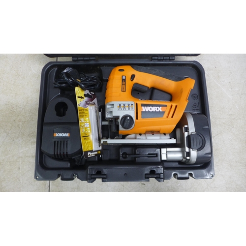 5015 - A Worx 18v cordless jigsaw (WX18JS) in case with battery and charger and a Power Base Excel 240v cor... 