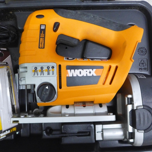 5015 - A Worx 18v cordless jigsaw (WX18JS) in case with battery and charger and a Power Base Excel 240v cor... 