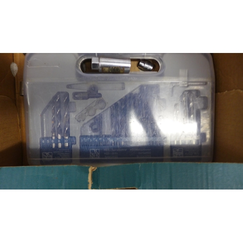 5034 - Two boxes containing an assortment of vintage hand tools and a large amount of drill bits