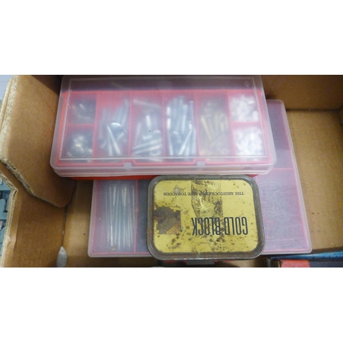 5034 - Two boxes containing an assortment of vintage hand tools and a large amount of drill bits