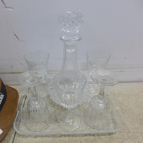 5060 - Six various black shirts, a hat and a glass decanter and wine glass set