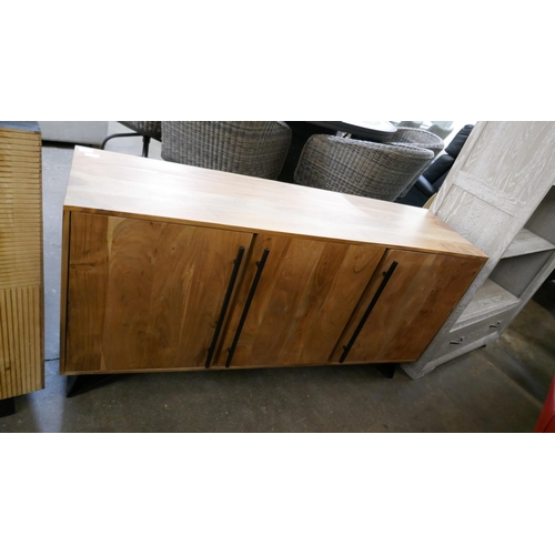 3050 - A hardwood and steel three door sideboard  * This lot is subject to VAT