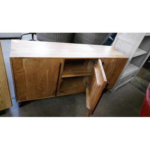 3050 - A hardwood and steel three door sideboard  * This lot is subject to VAT