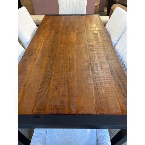 3060 - A hardwood and steel dining table with six white boucle chairs  *This lot is subject to VAT