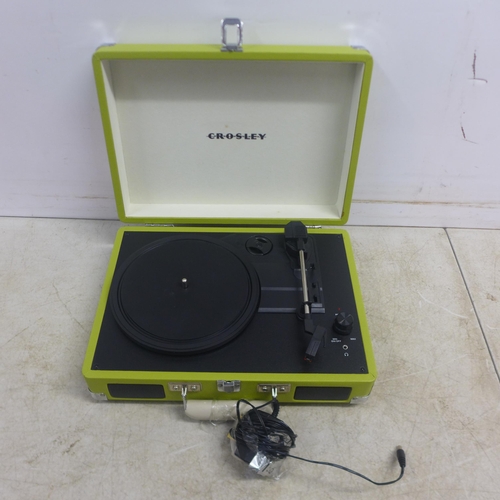 5065 - A Crosley CR8005A-GR green vintage style turntable record player with built in speakers and a chrome... 