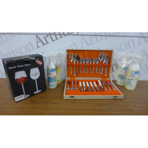 5244 - 4 x 500ml bottles of HG mould remover, a Shark wine glass and a cutlery canteen