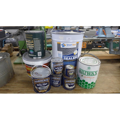 5261 - A quantity of assorted paints including Hammerite direct to rust metal paint, Briwax, SmartSeal impr... 