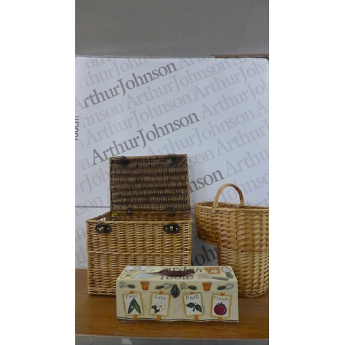 5288 - Two wicker baskets and a Wheatcroft garden centre garden toolbox