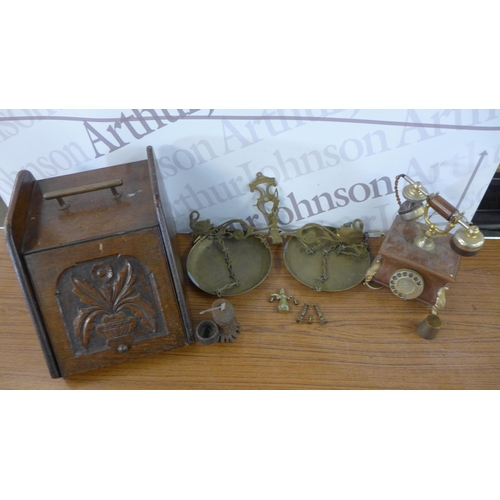 5289 - A quantity of vintage items including a wooden coal box, a set of brass hanging scales and a wood an... 