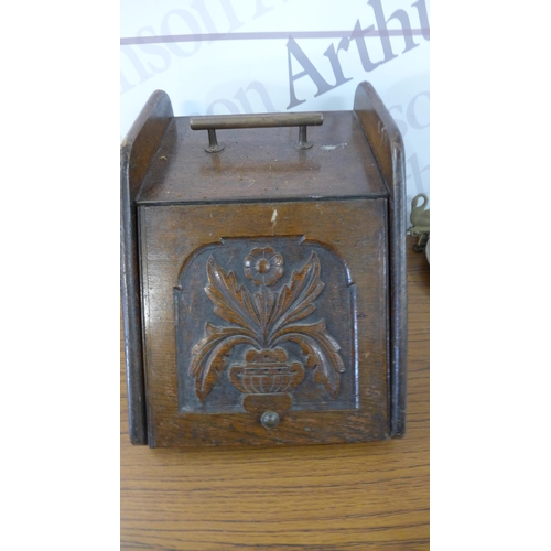 5289 - A quantity of vintage items including a wooden coal box, a set of brass hanging scales and a wood an... 