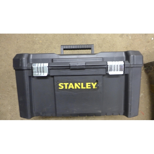 5296 - Three tool boxes with a quantity of builders tools including floats, trowels, tin snips, etc