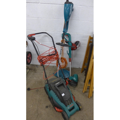 5182 - A Bosch Rotak 36 240V electric lawn mower, a Bosch Combi-Trim electric strimmer and a Makita UM3830 ... 