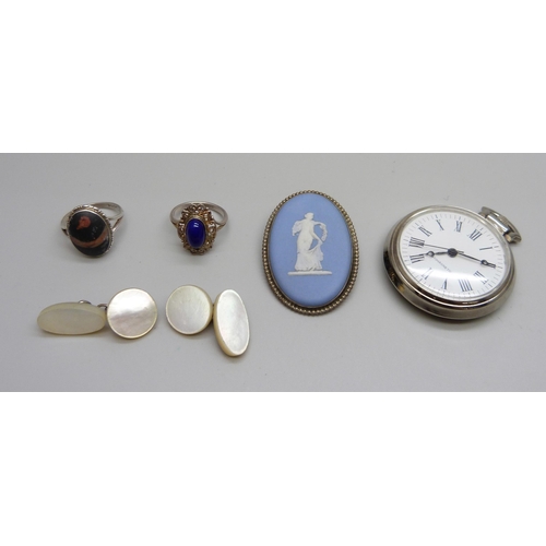 1000 - A Wedgwood brooch, a fob watch, two silver rings and a pair of mother of pearl cufflinks