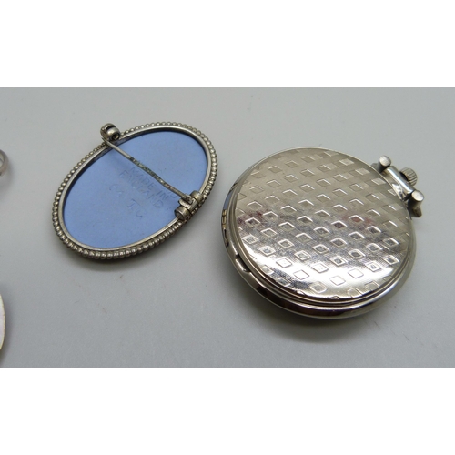 1000 - A Wedgwood brooch, a fob watch, two silver rings and a pair of mother of pearl cufflinks